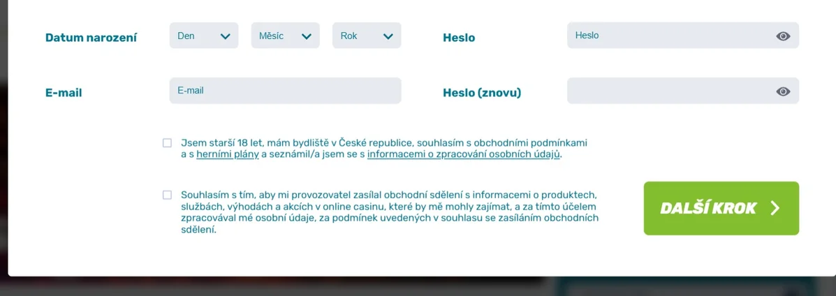 Vyplňte registrační formulář kasina.